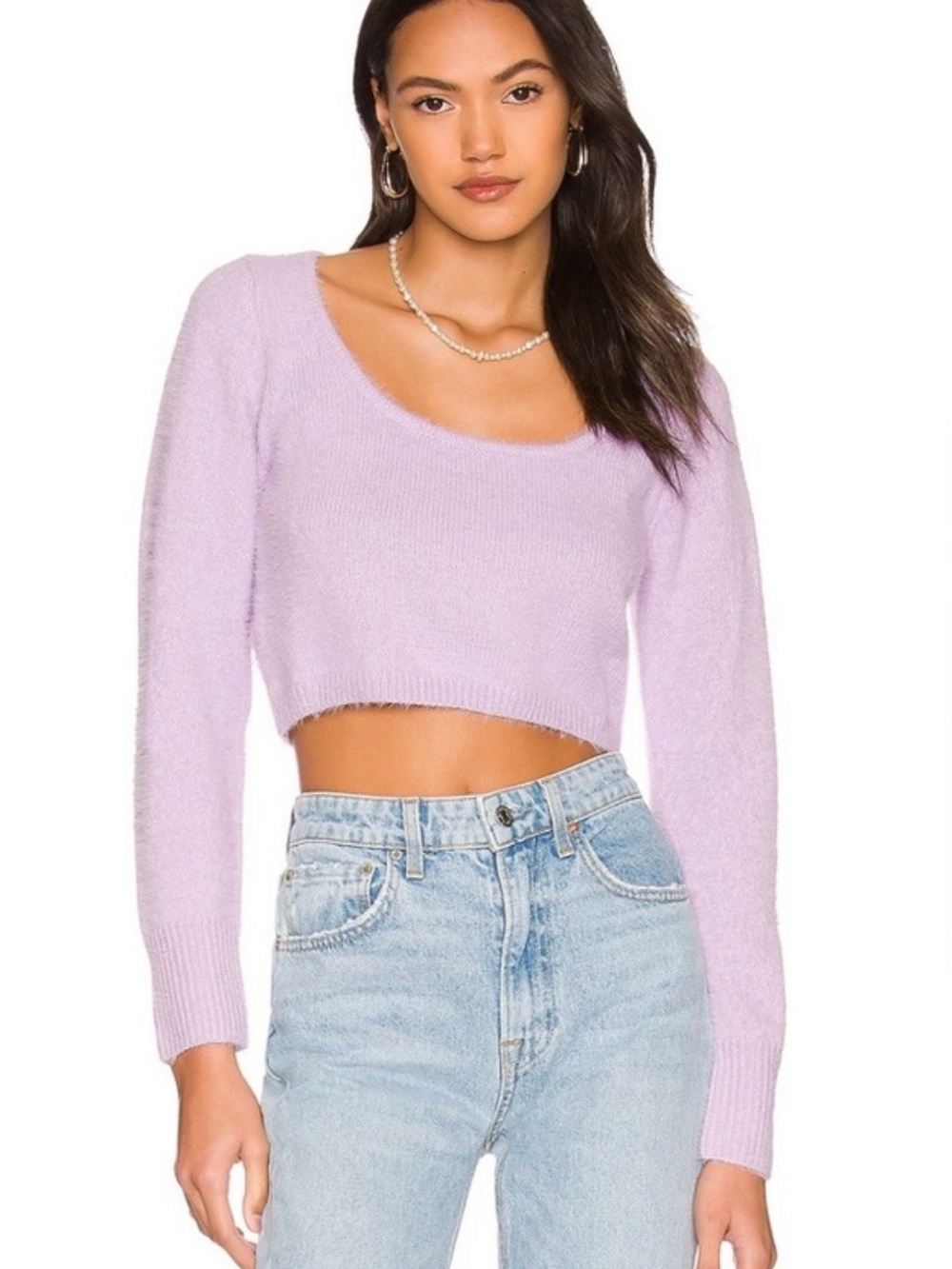 More To Come Cropped Scoop-Neck Sweater in Lilac from Revolve